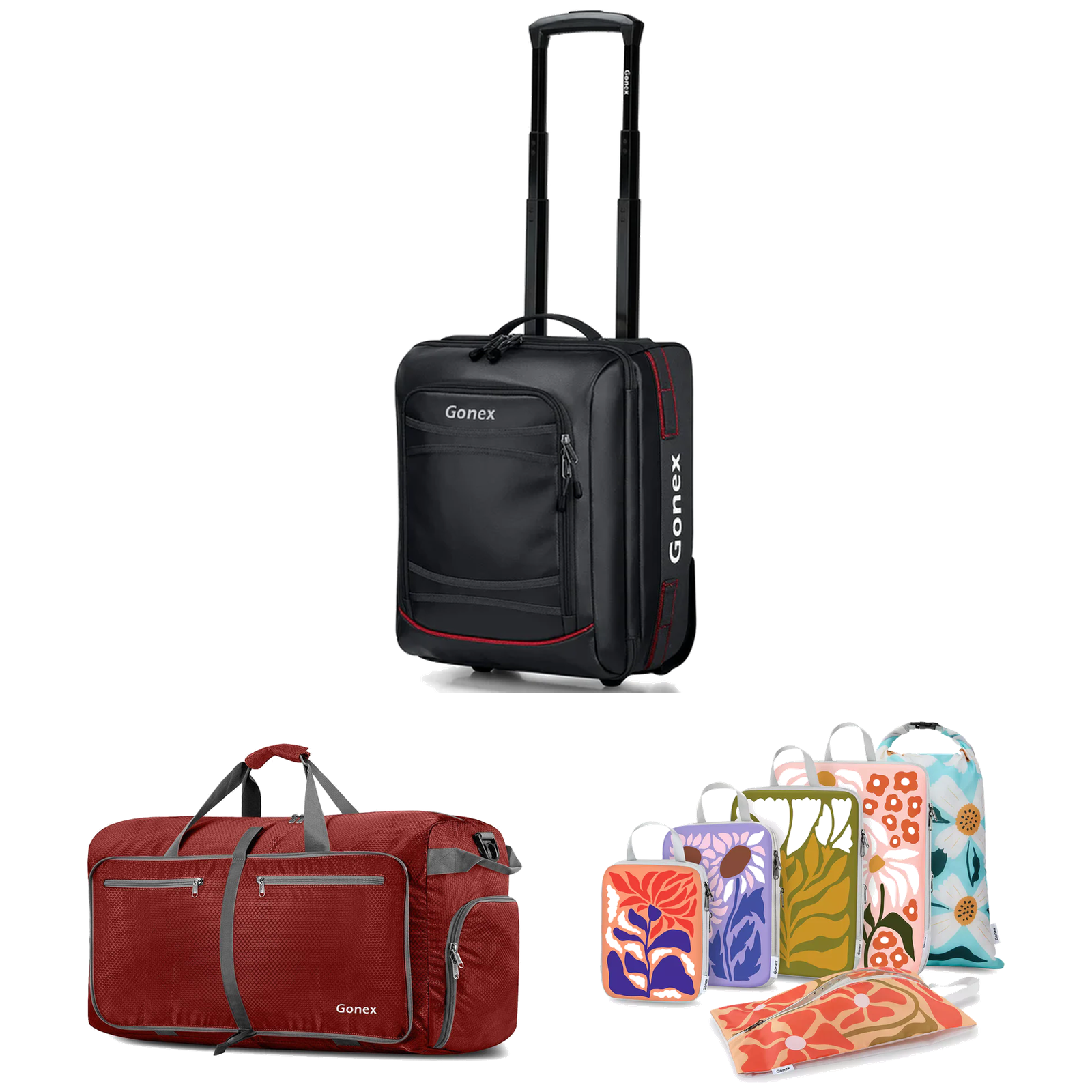 Gonex Road Trip 3-Piece Set with black rolling suitcase, red duffle bag, and patterned packing organizers.