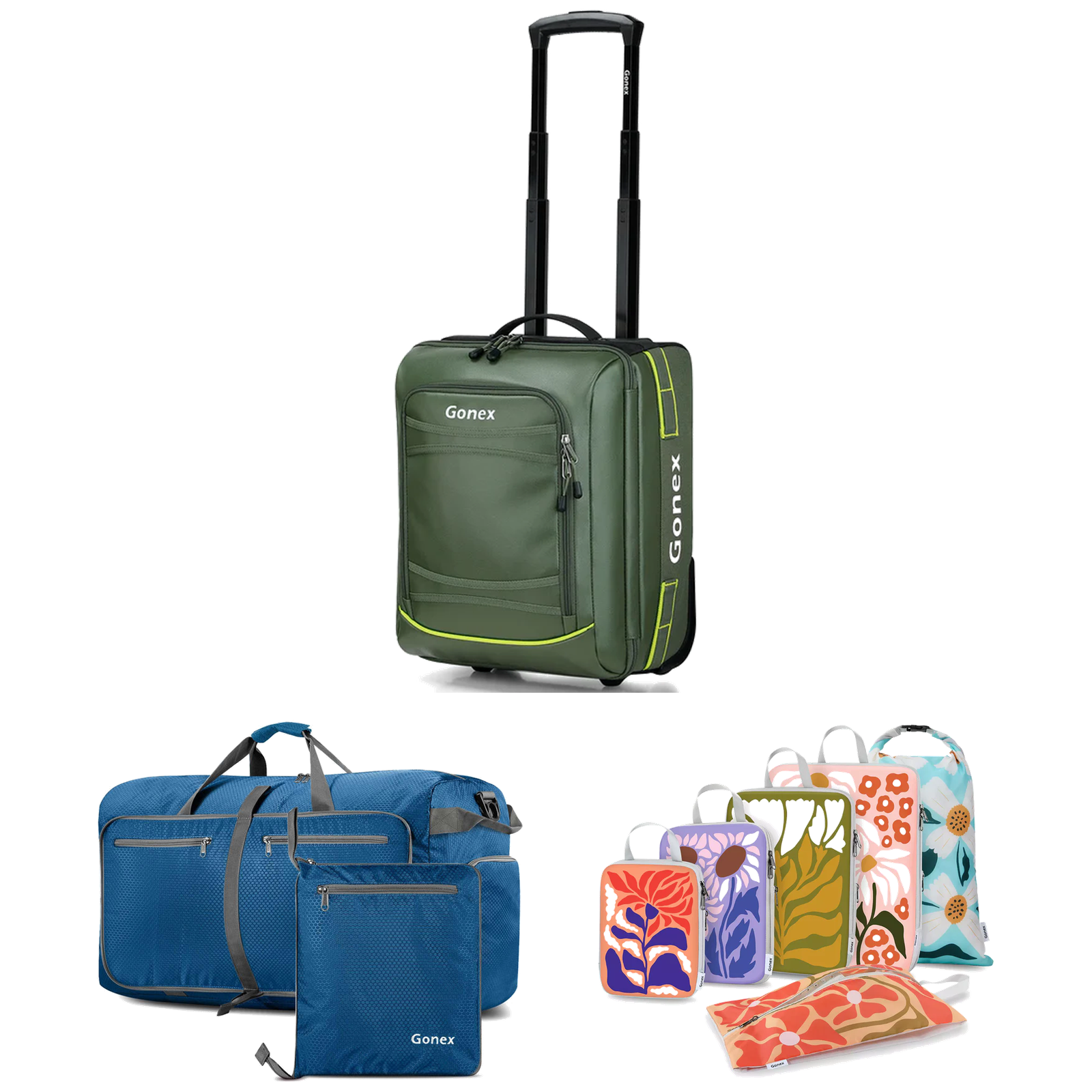 Gonex Road Trip 3-Piece Set with green rolling suitcase, blue duffle bag, and patterned packing organizers.
