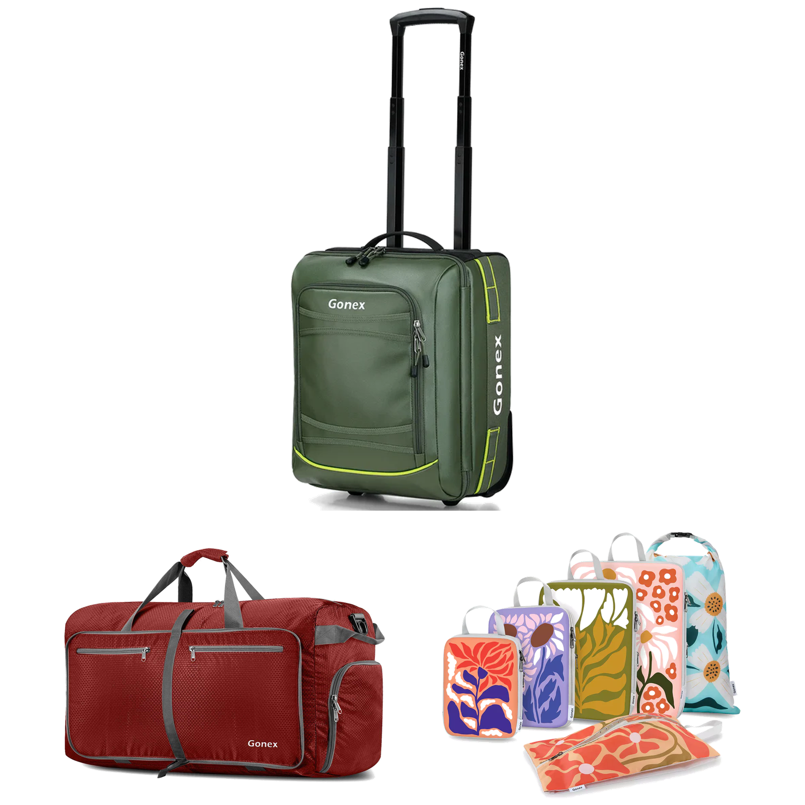 Gonex Road Trip 3-Piece Set with green rolling suitcase, red duffle bag, and patterned packing organizers.