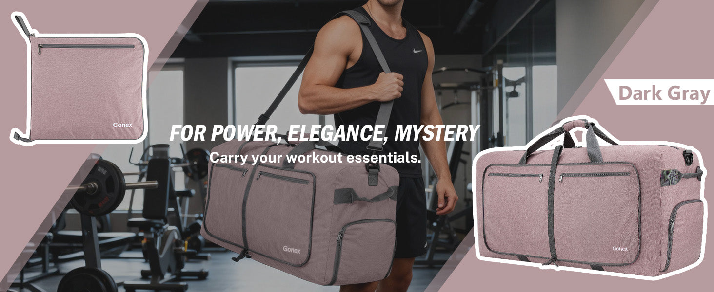 Dark gray Gonex foldable lightweight duffle bag with multiple pockets for gym essentials