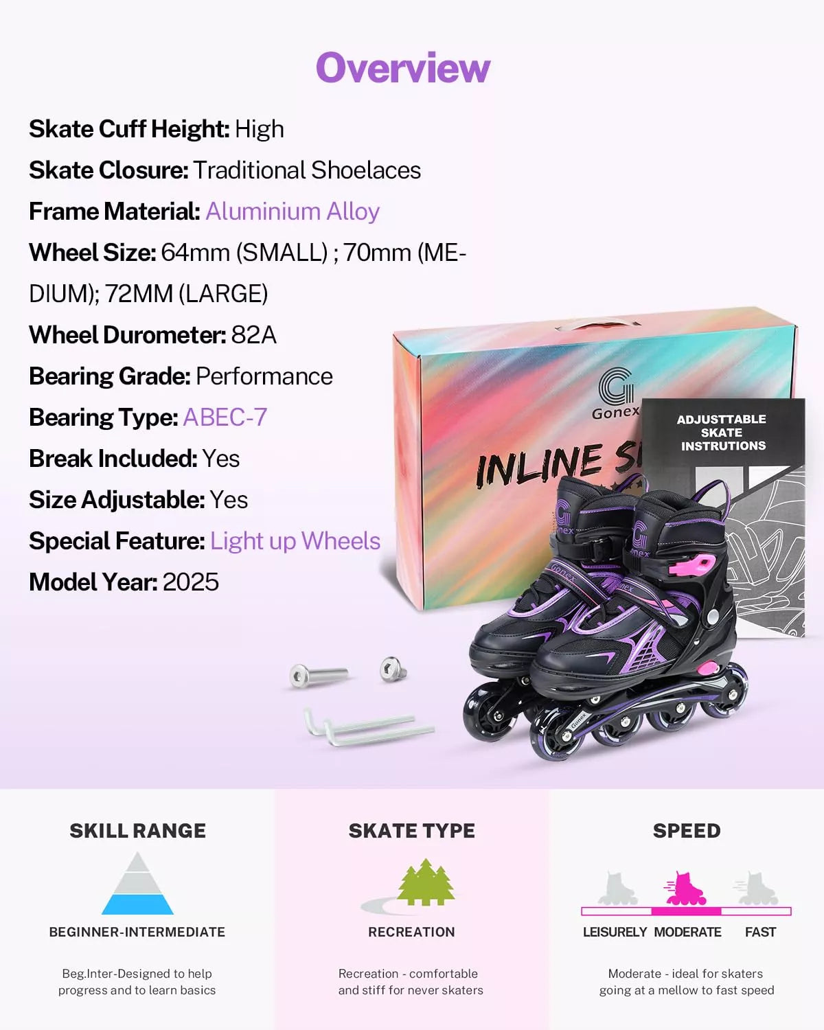 Specifications of gonex blade roller skates purple