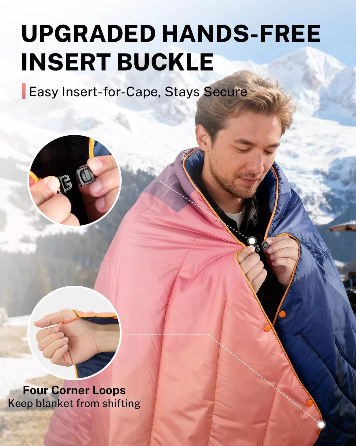 Blanket for outside with upgraded hands-free insert buckle