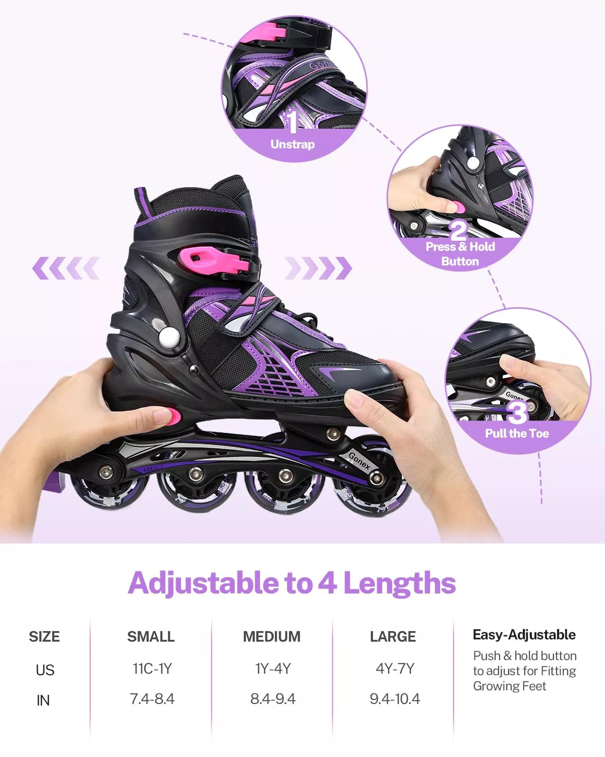 Sizes of childrens adjustable roller skates purple