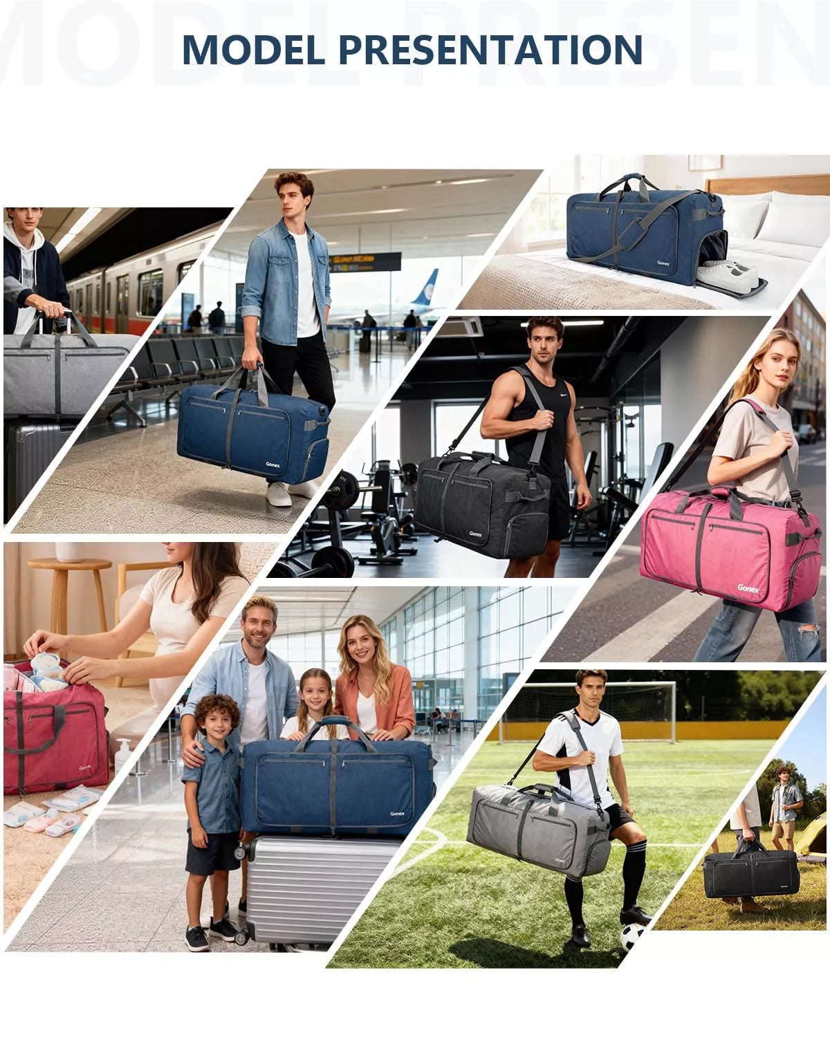 Collage of people using various collapsible travel bags in different applications