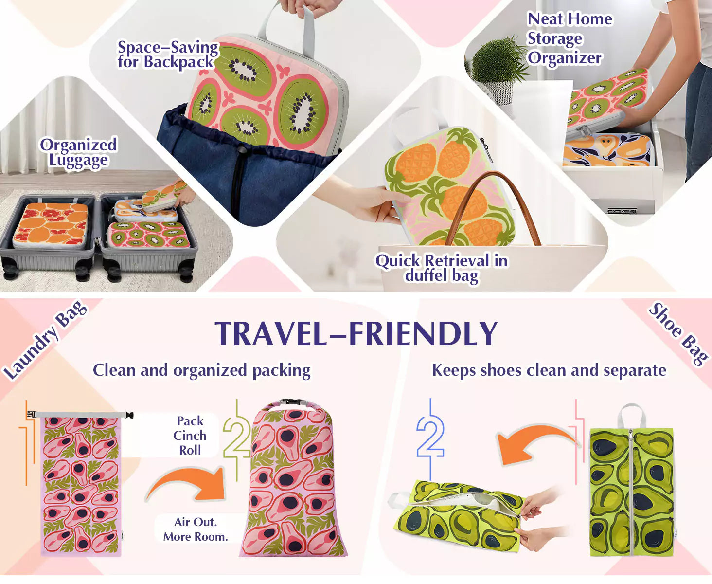Travel friendly colorful fruit packing cubes