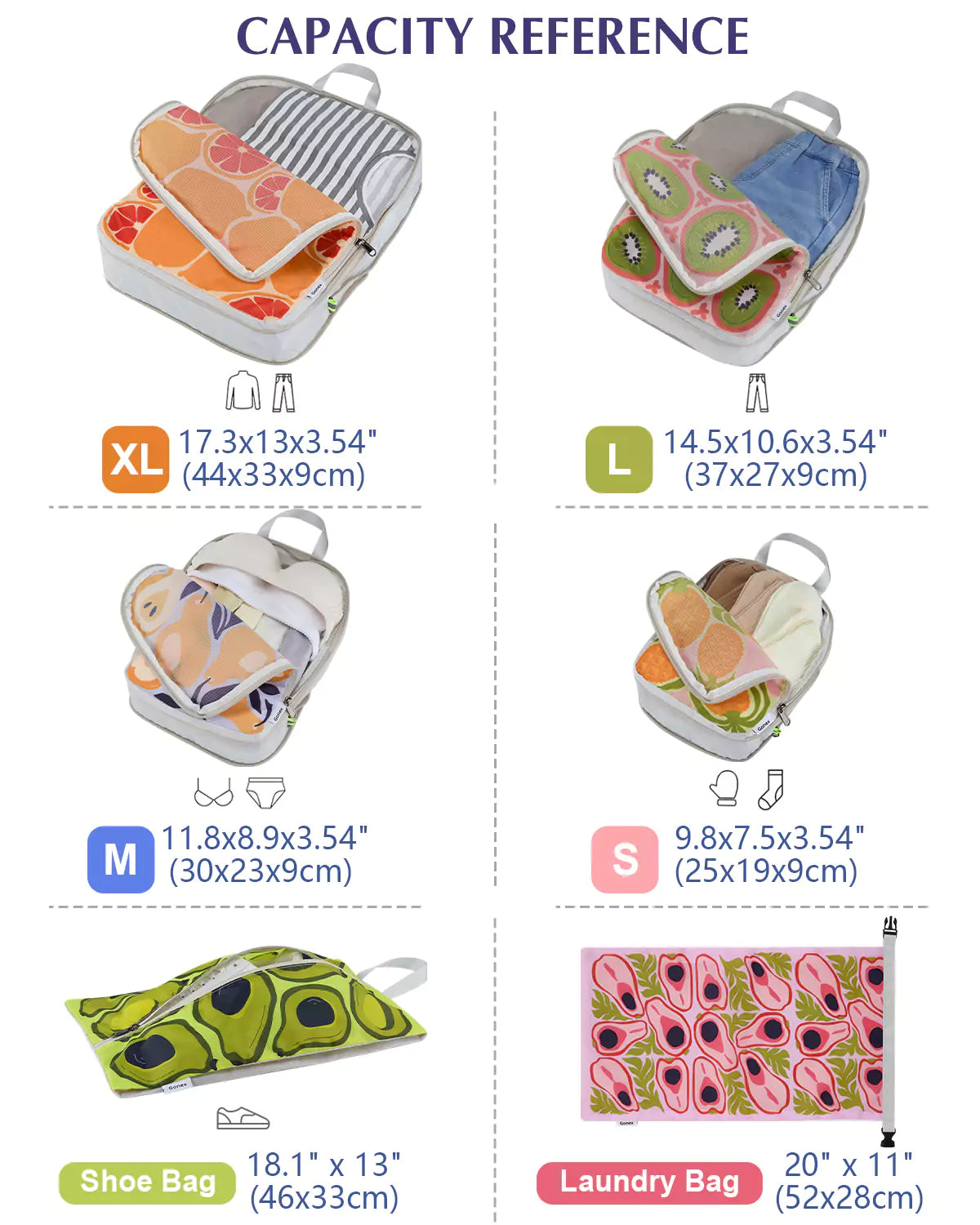 Capacity reference of gonex colorful packing cubes