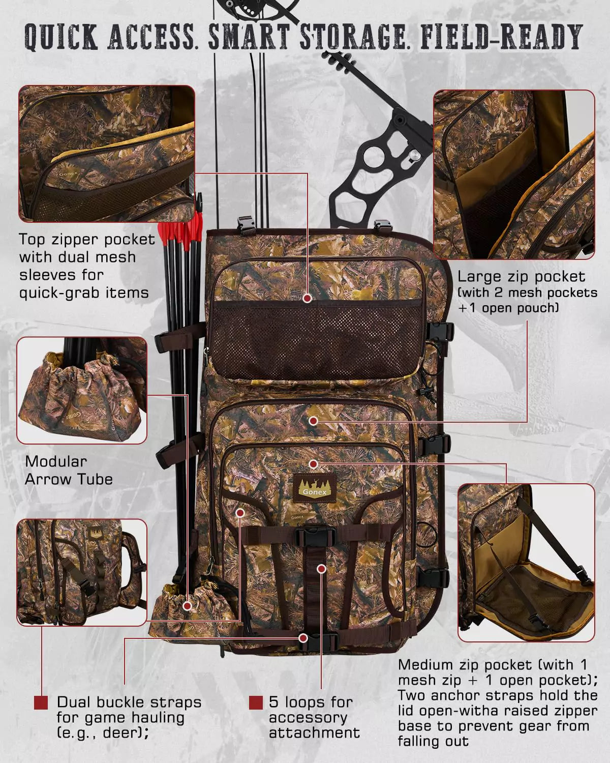 Compound bow backpack with quick access smart stoage field ready