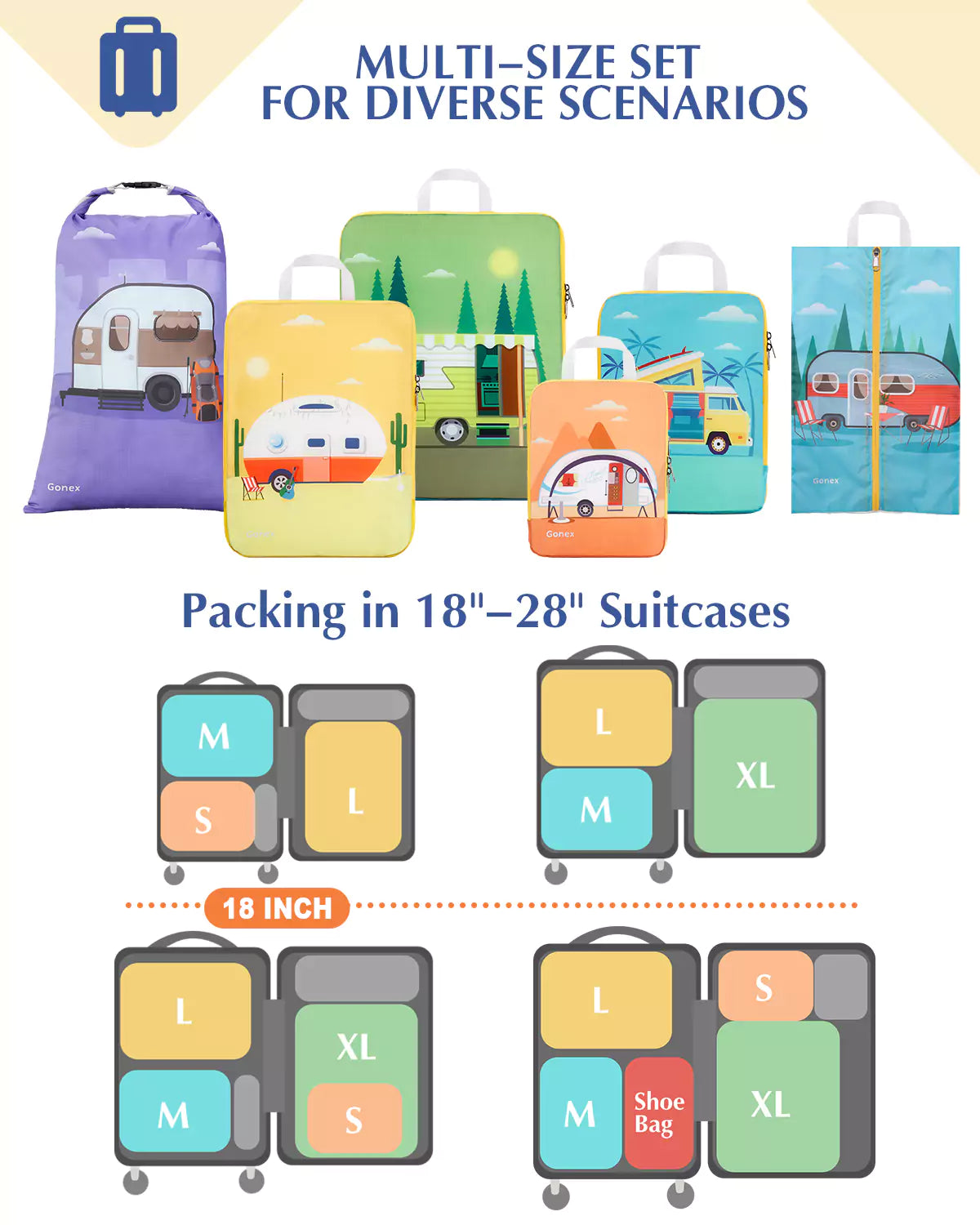 Compression packing cubes packing in 18" to 28" suitcases