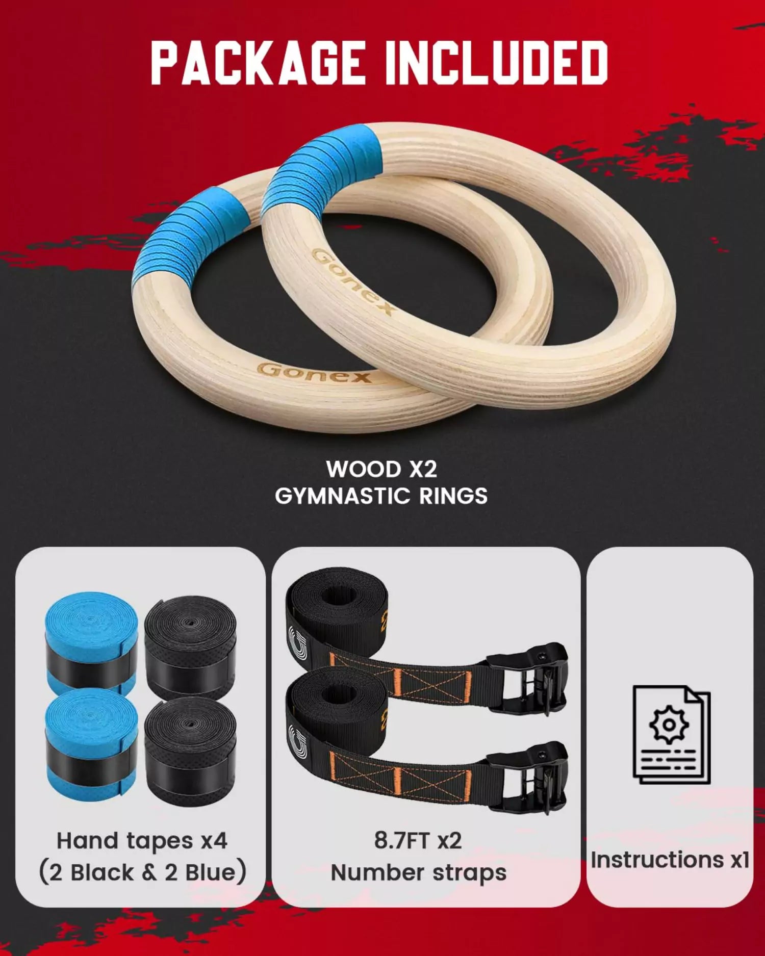Gonex fitness gymnastic rings package content