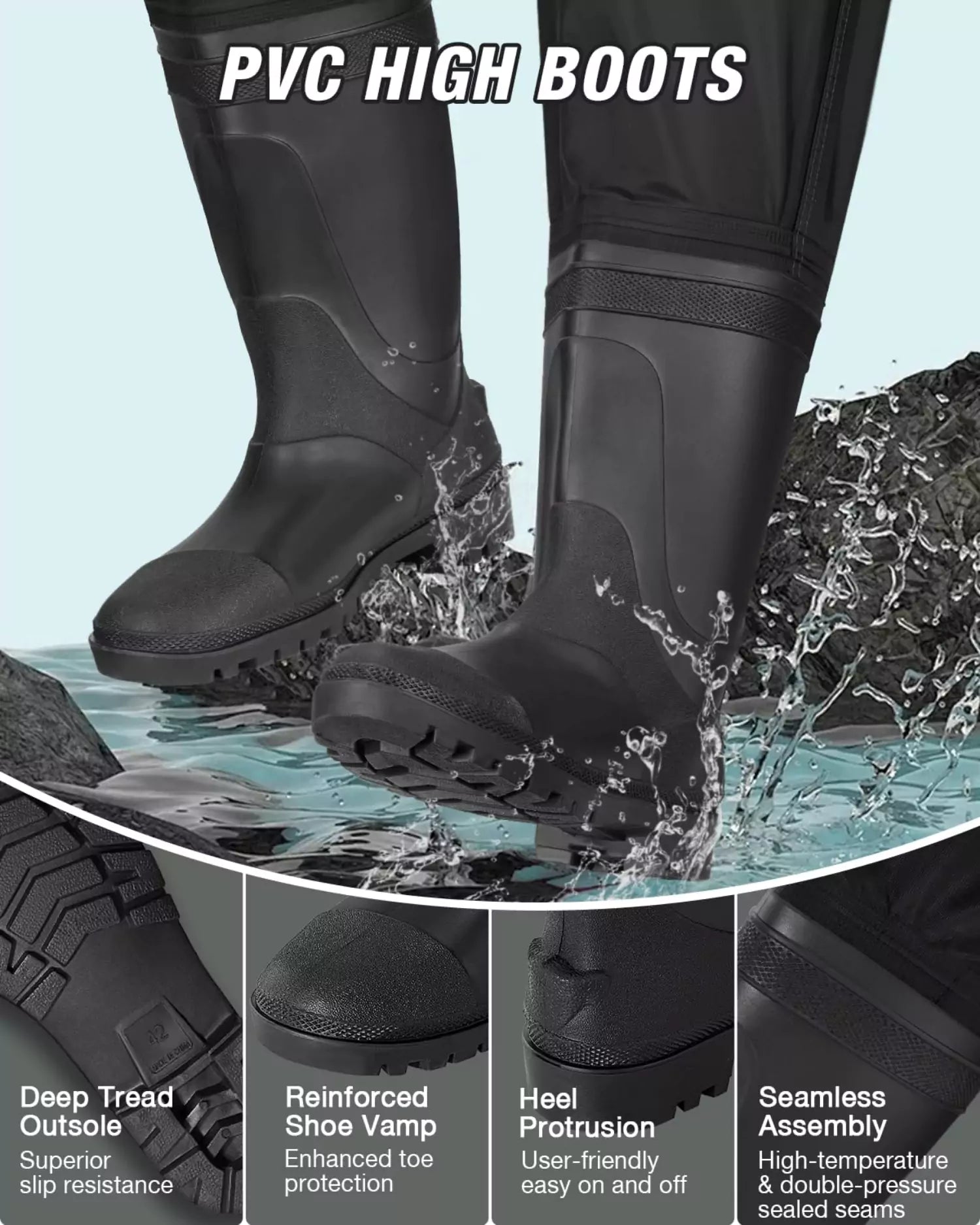 Fly fishing waders with pvc high boots