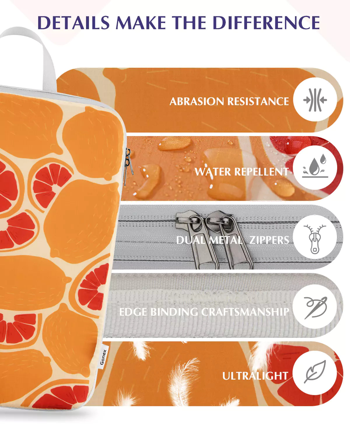 Fruit print packing cubes details