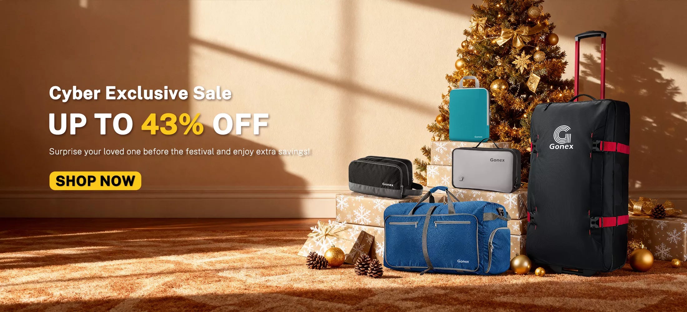 Luggage set with Christmas tree and decorations, promotional text for Gonex Cyber Exclusive Sale.
