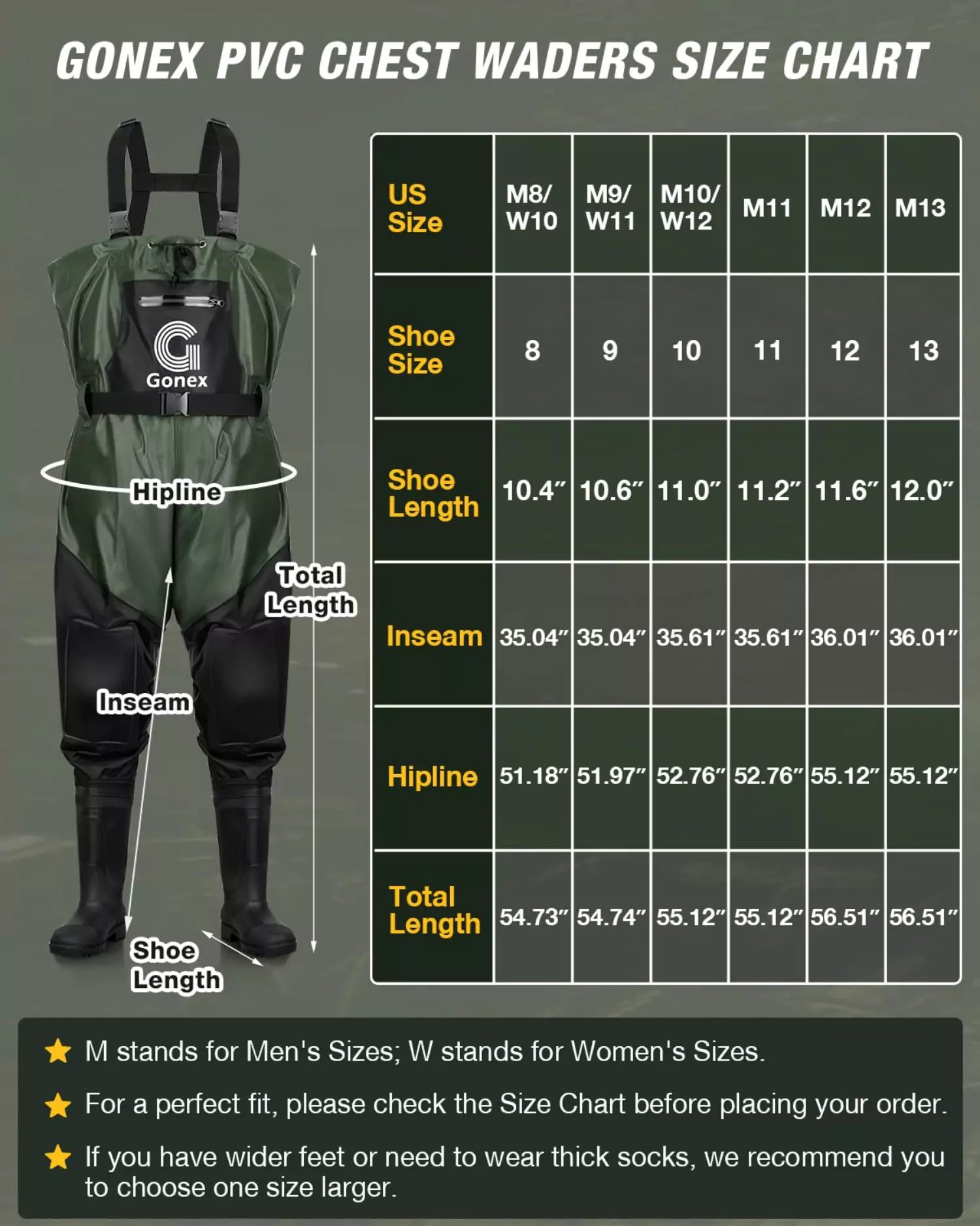 Gonex pvc chest waders size chart
