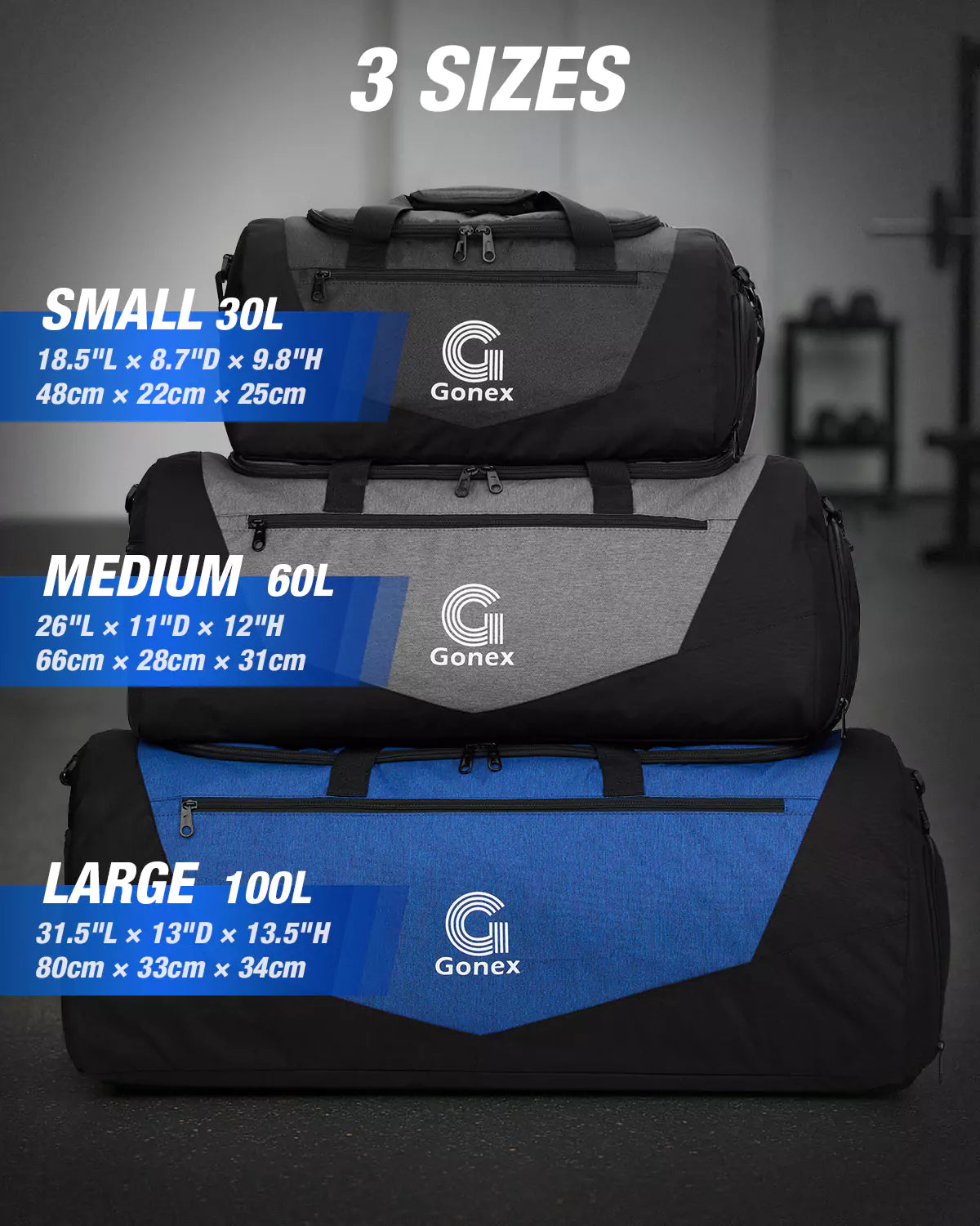 3 sizes of gonex sport duffle bag