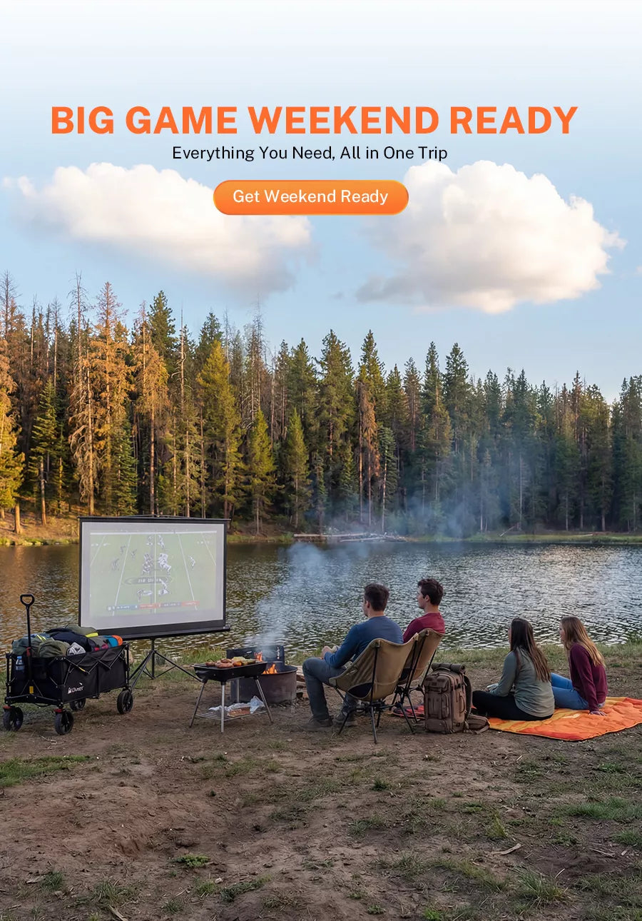 Group of people camping by a lake with a screen, surrounded by trees and clouds.