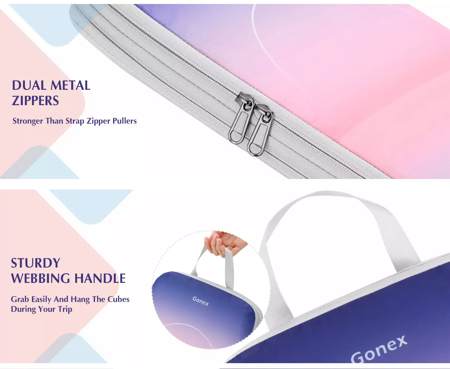 Dual metal zippers and sturdy webbing handle gradient compression cubes