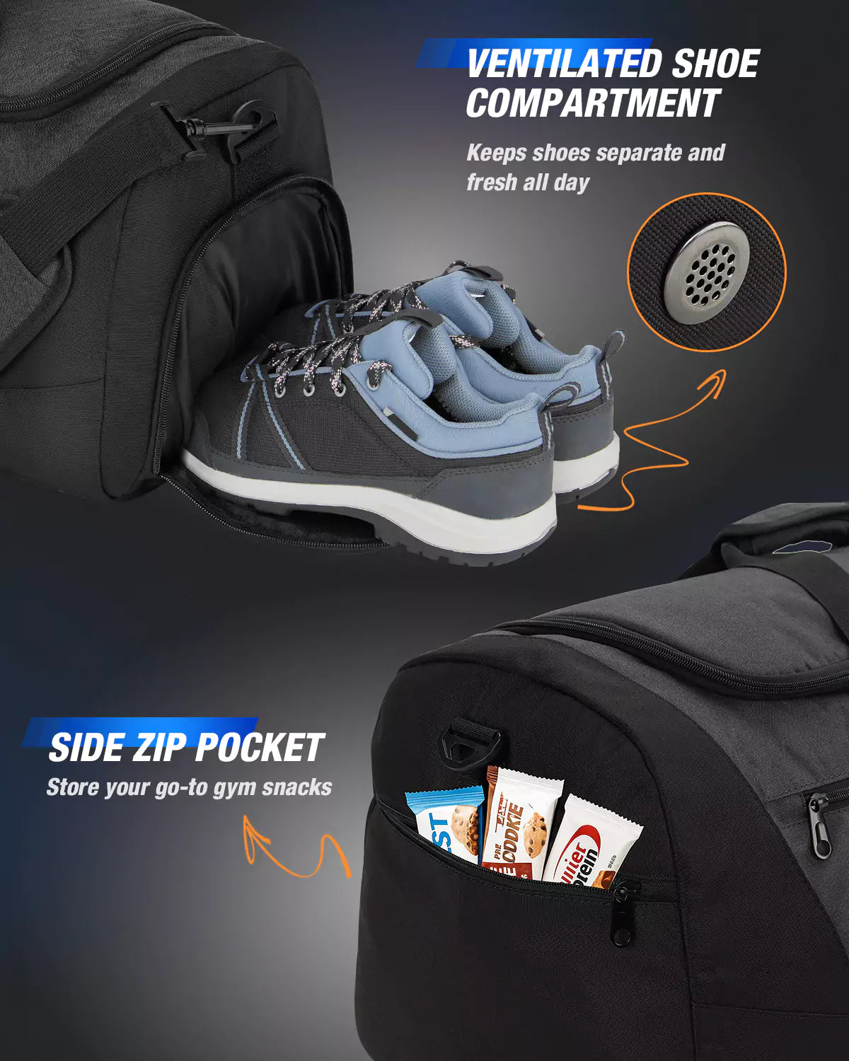 Gym bag for men with ventilated shoe compartment and side zip pocket