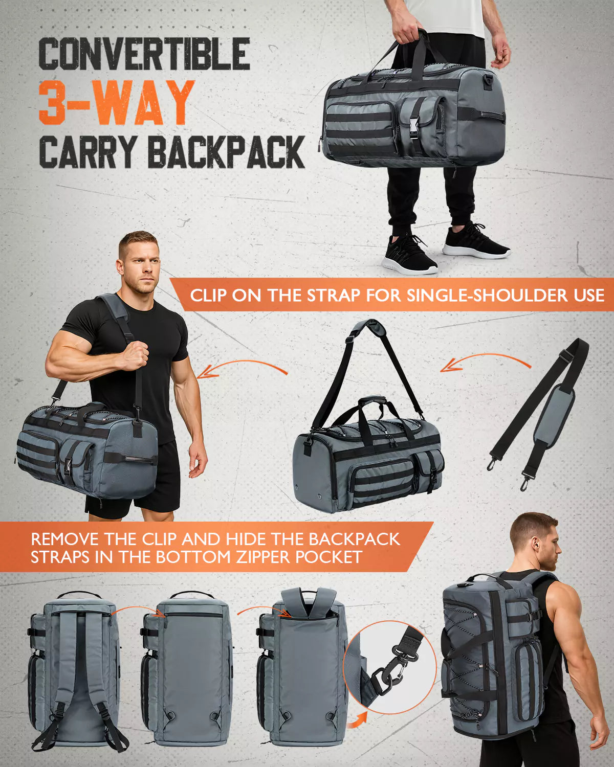 Convertible 3 way carry gym duffle backpack for men