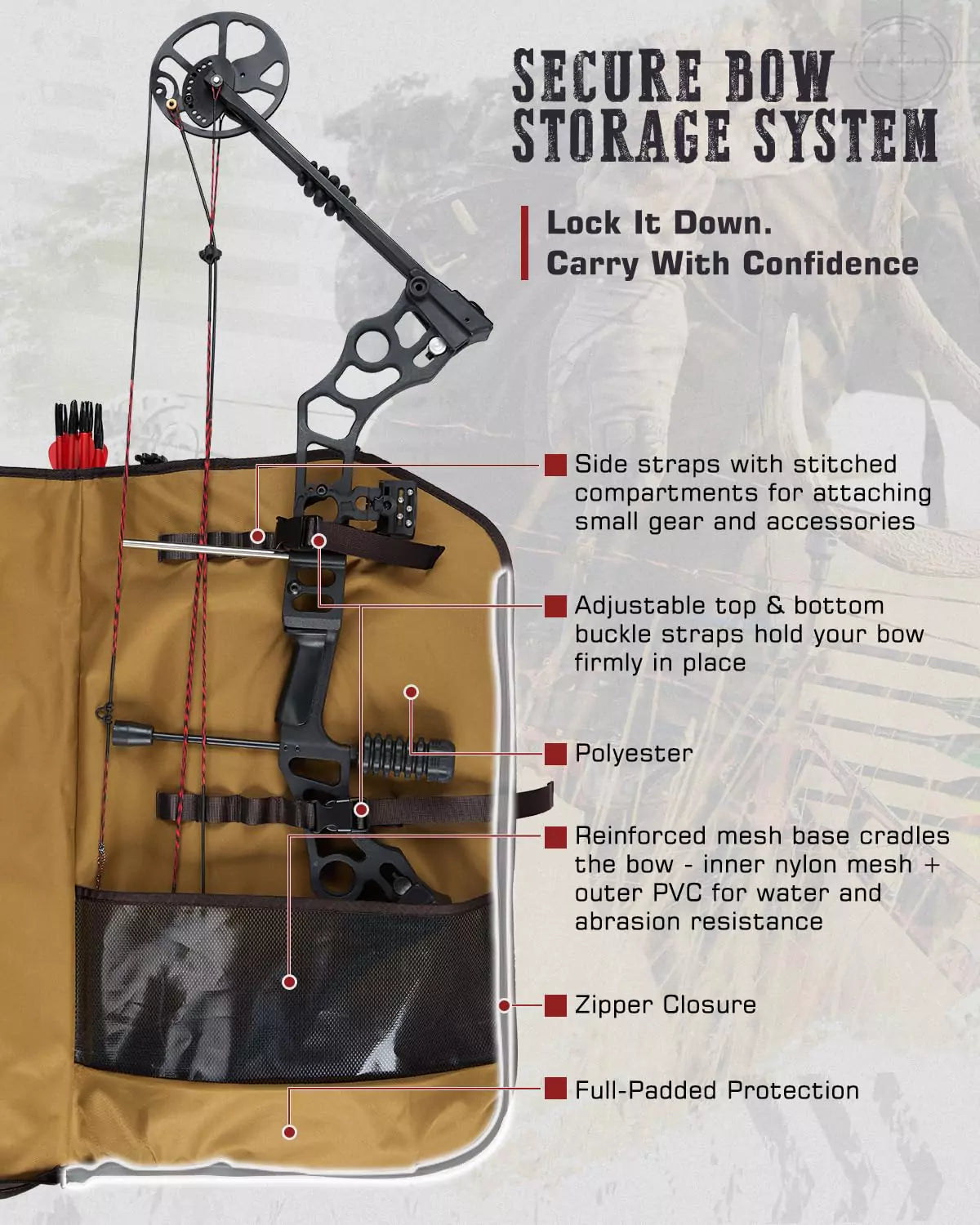 Hunting bow case backpack with secure bow storage system