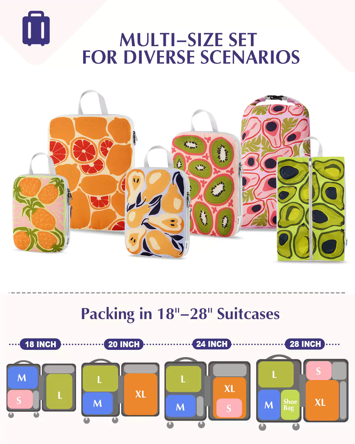 Multi size juicy fruit pattern packing cubes set for diverse scenarios