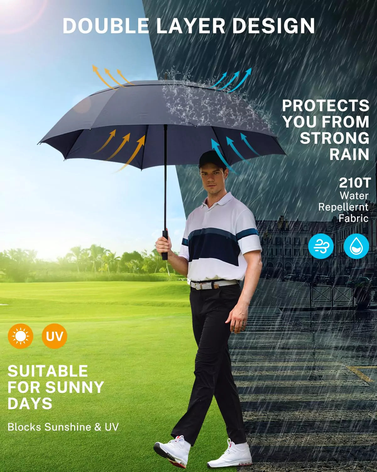 Double layer design large golf umbrella for rain and sun