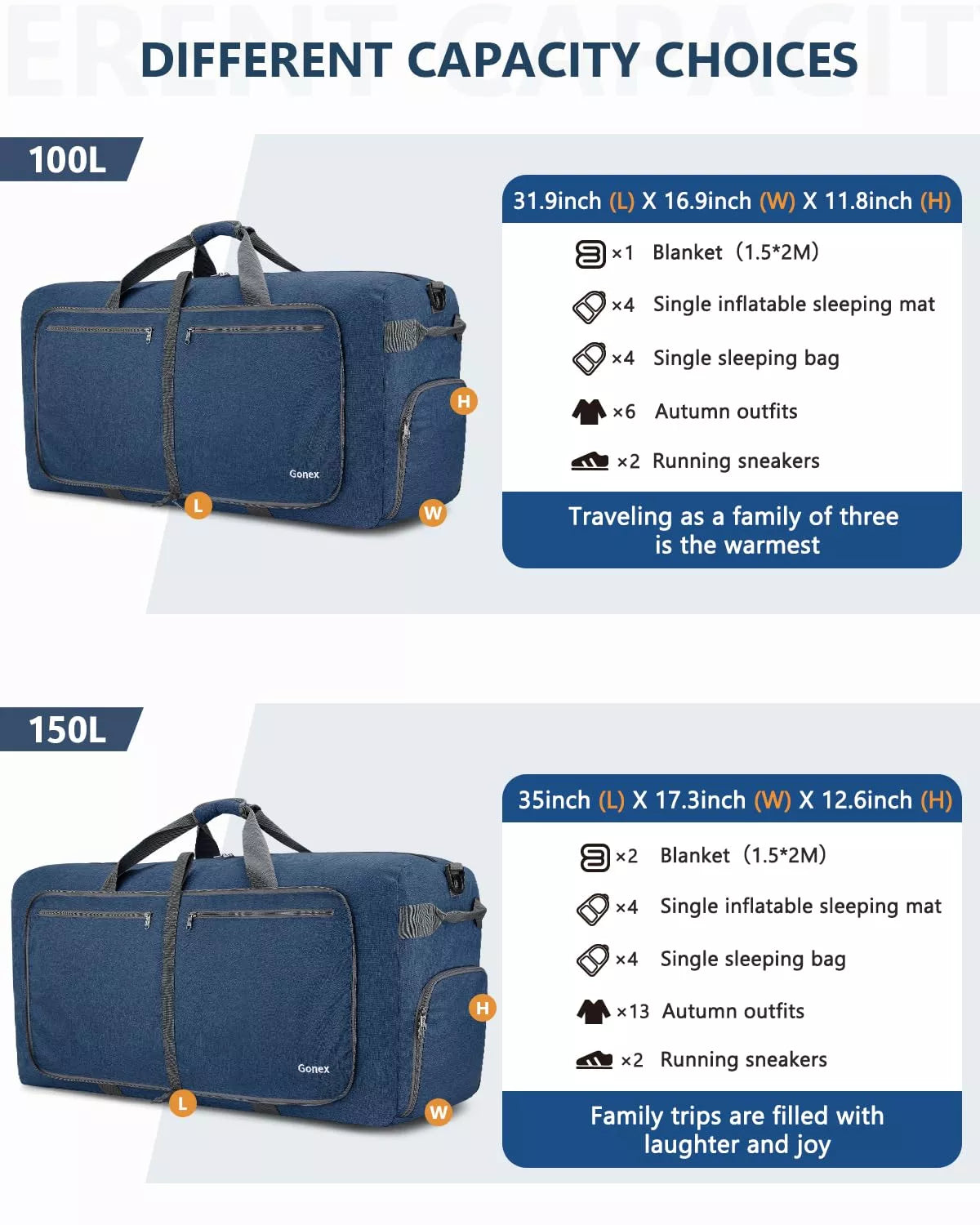 Two gonex blue duffel bags with 100l and 150l capacity labels and item lists