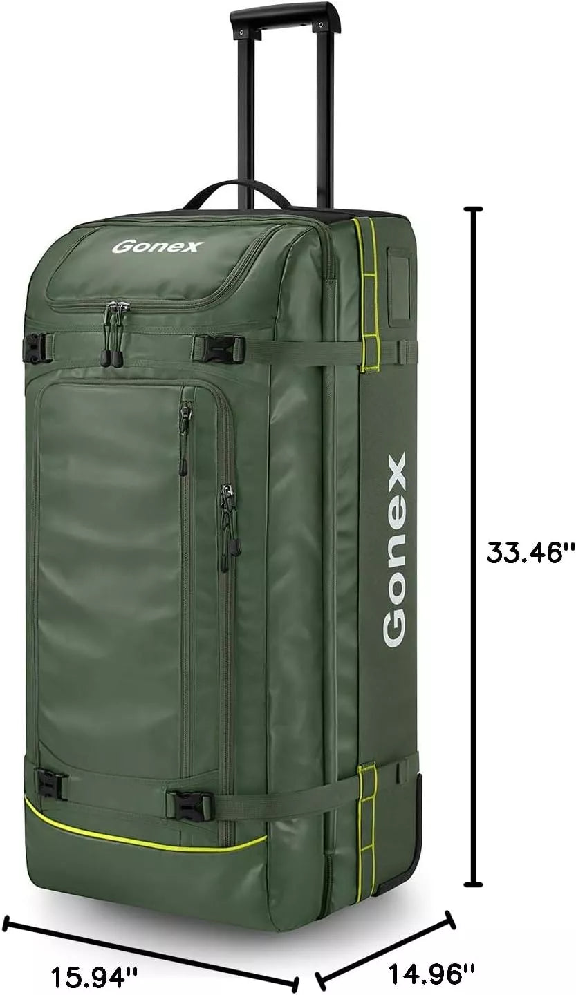 33 inch Green rolling duffel bag with Gonex branding and measurements