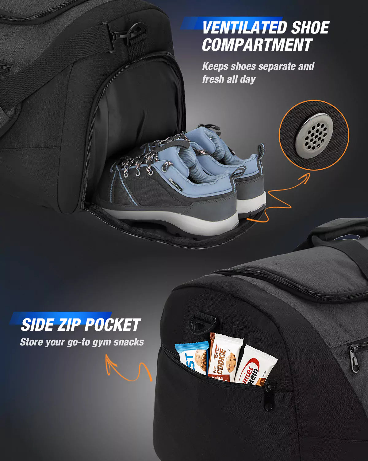 Sport duffle bags with ventilated shoe compartment and side zip pocket