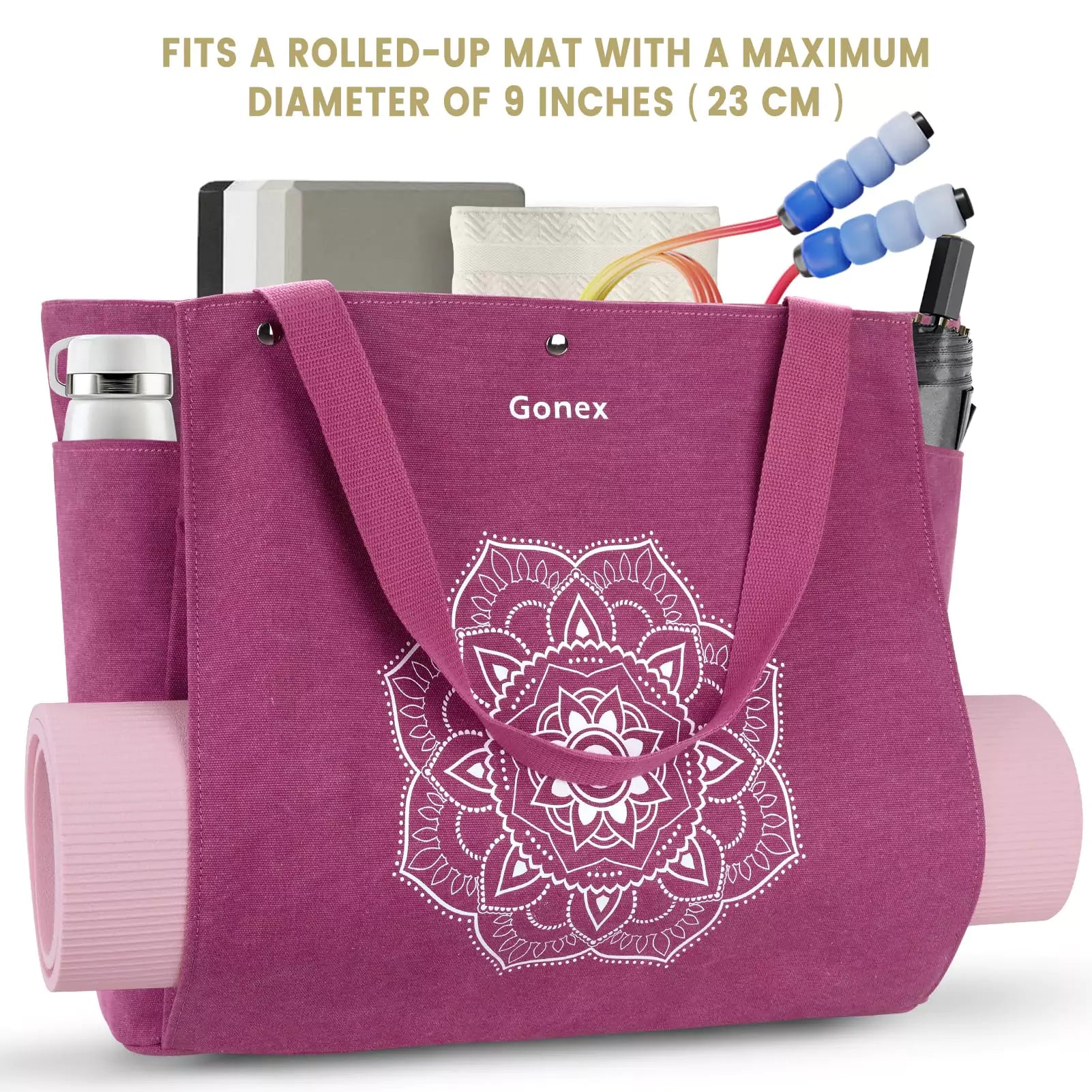 Traveling yoga mat bag fits a rolled up mat with a maximum diameter of 9 inches