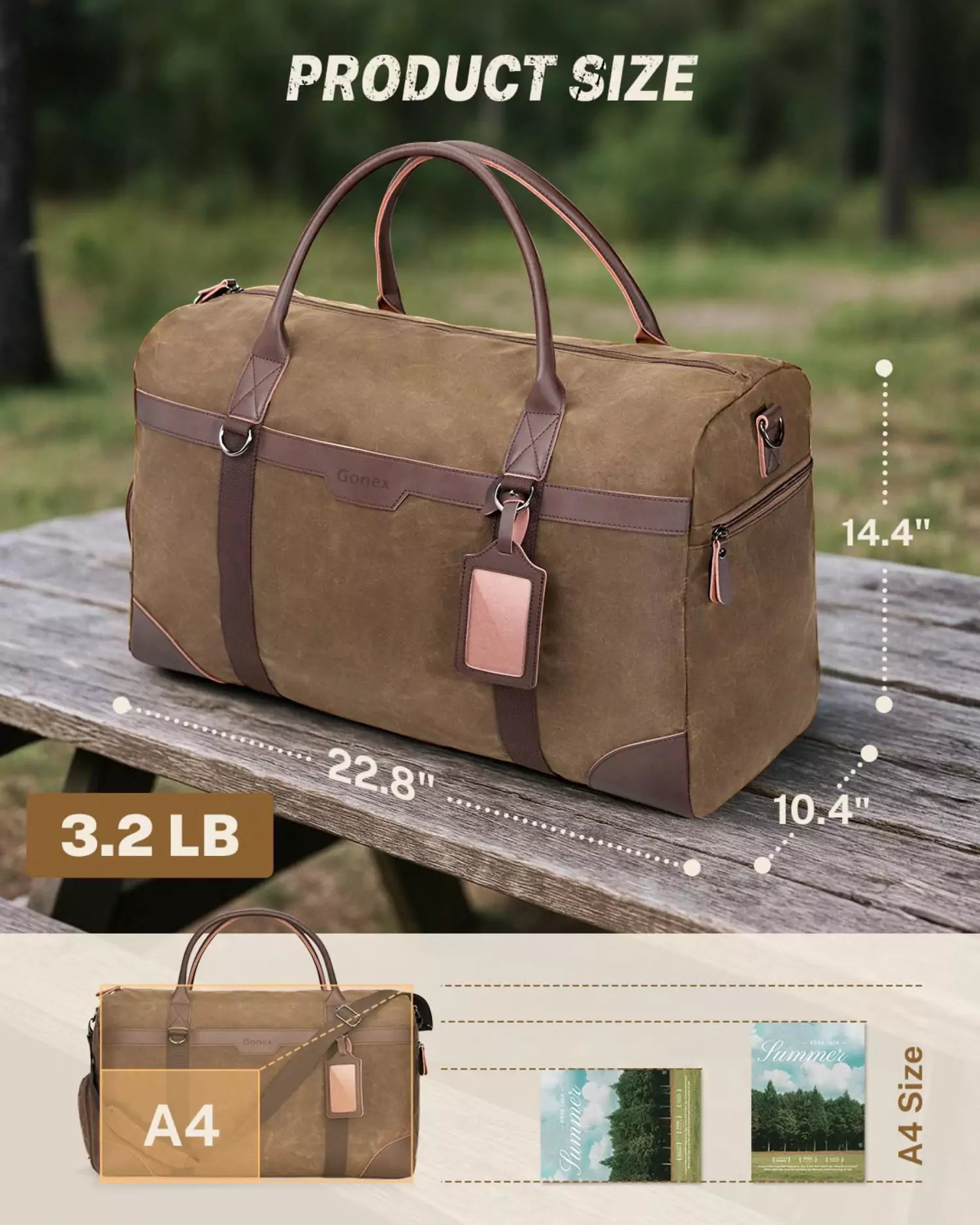 Gonex waxed canvas duffle bag size