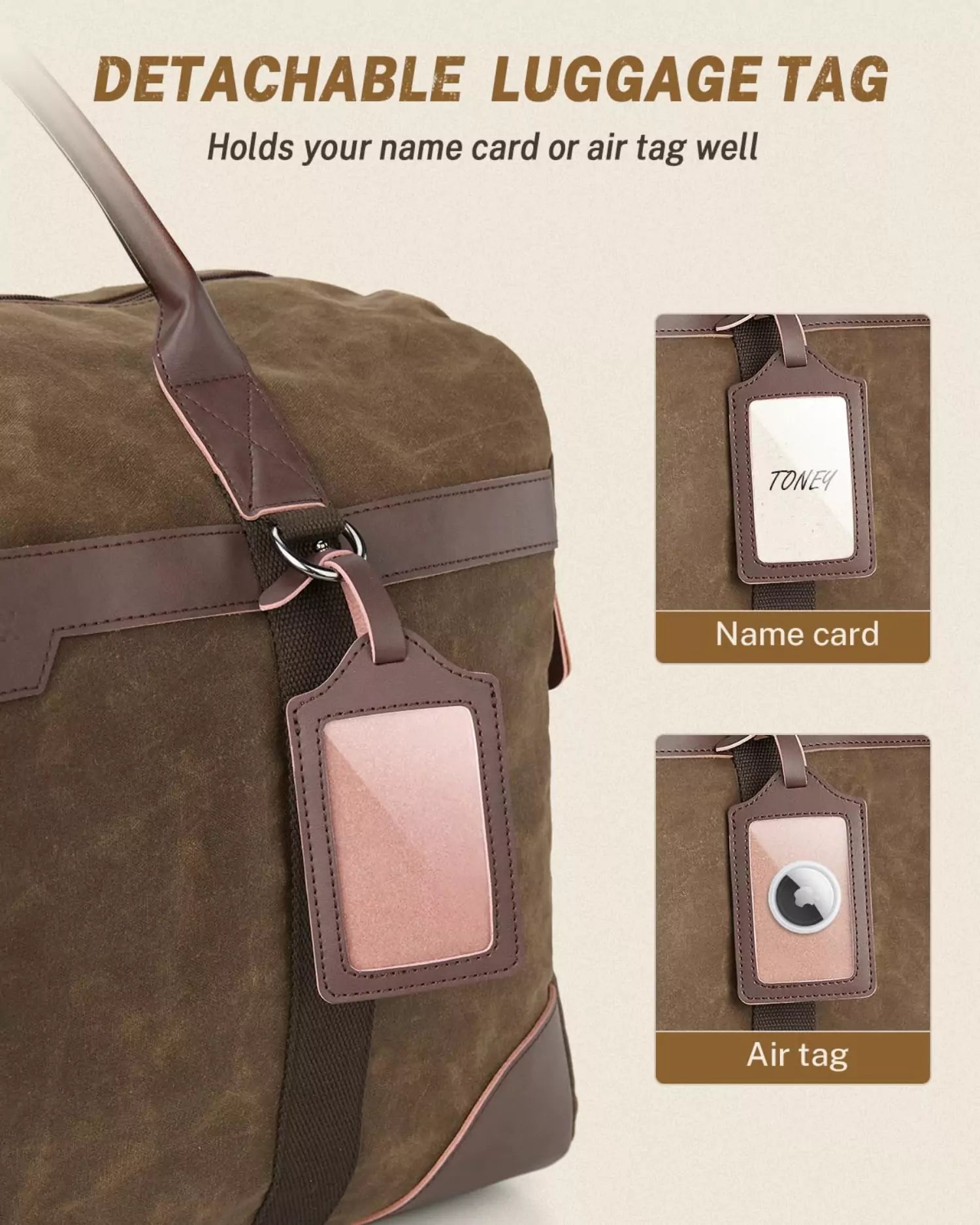 Waxed canvas handbags with detachable luggage tag