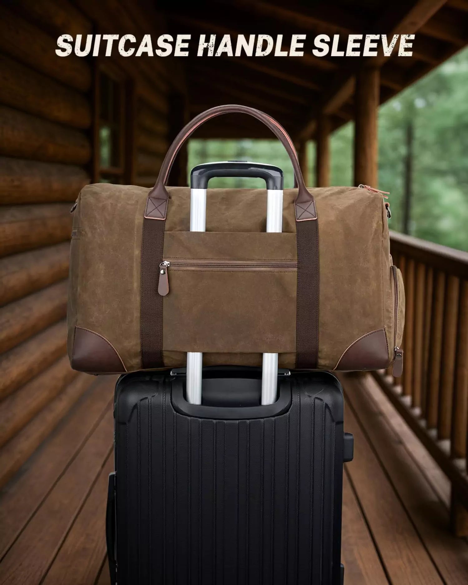 Waxed cotton duffle bag with suitcase handle sleeve