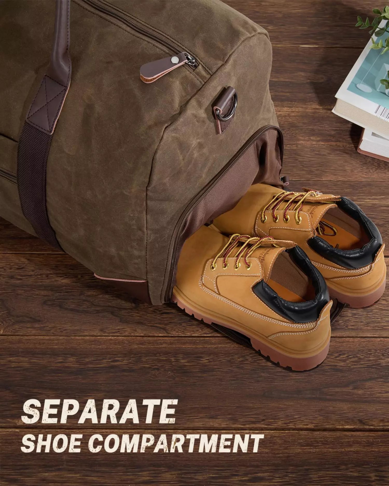 Waxed tote bag with separate shoe compartment