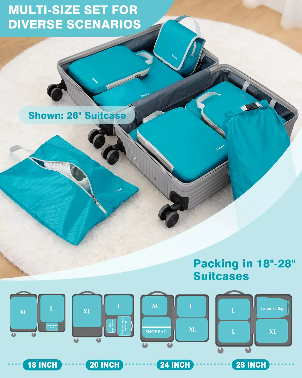 10 set of blue packing cubes with a gray suitcase on a white surface, showing multi-size compatibility.