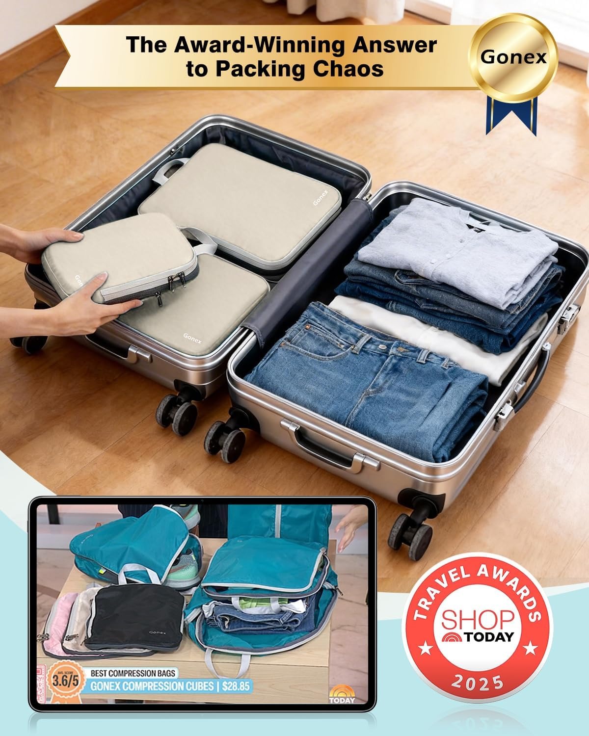 Gonex compression packing cubes organized inside a suitcase for efficient packing