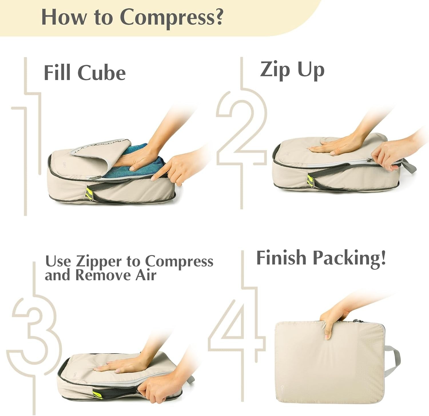 How to use Gonex compression packing cubes by filling, zipping and compressing clothes