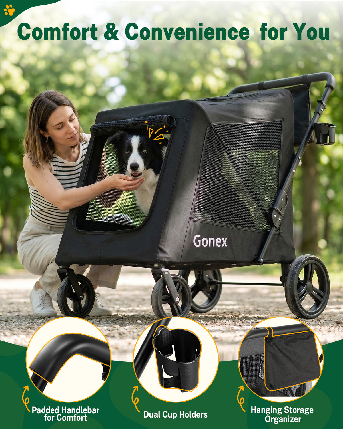 Gonex dog stroller with padded handlebar, dual cup holders, and hanging storage organizer