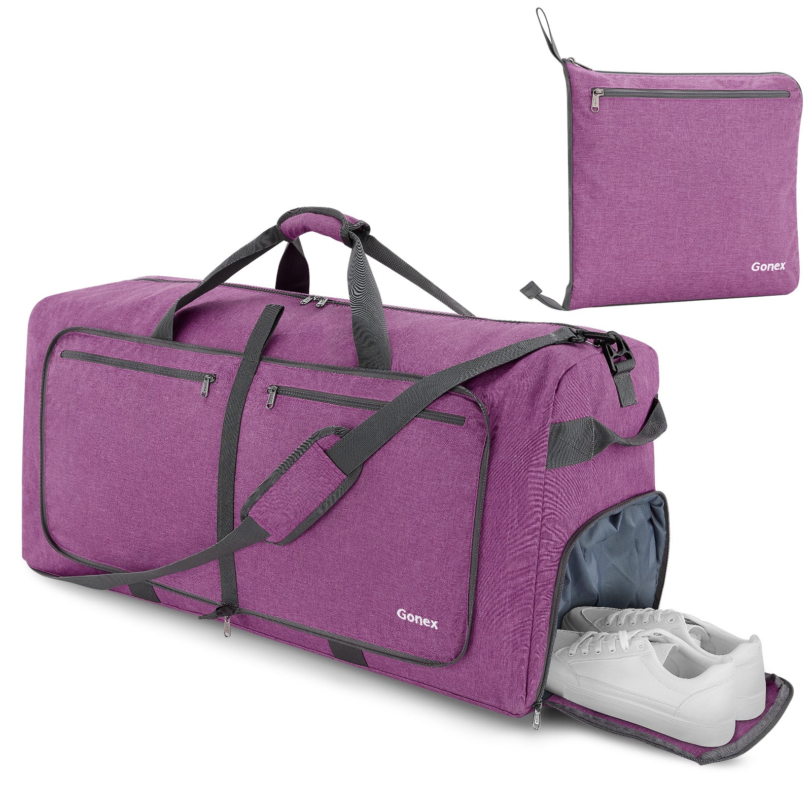 Orchid Purple Gonex foldable lightweight duffle bag with multiple zippered pockets