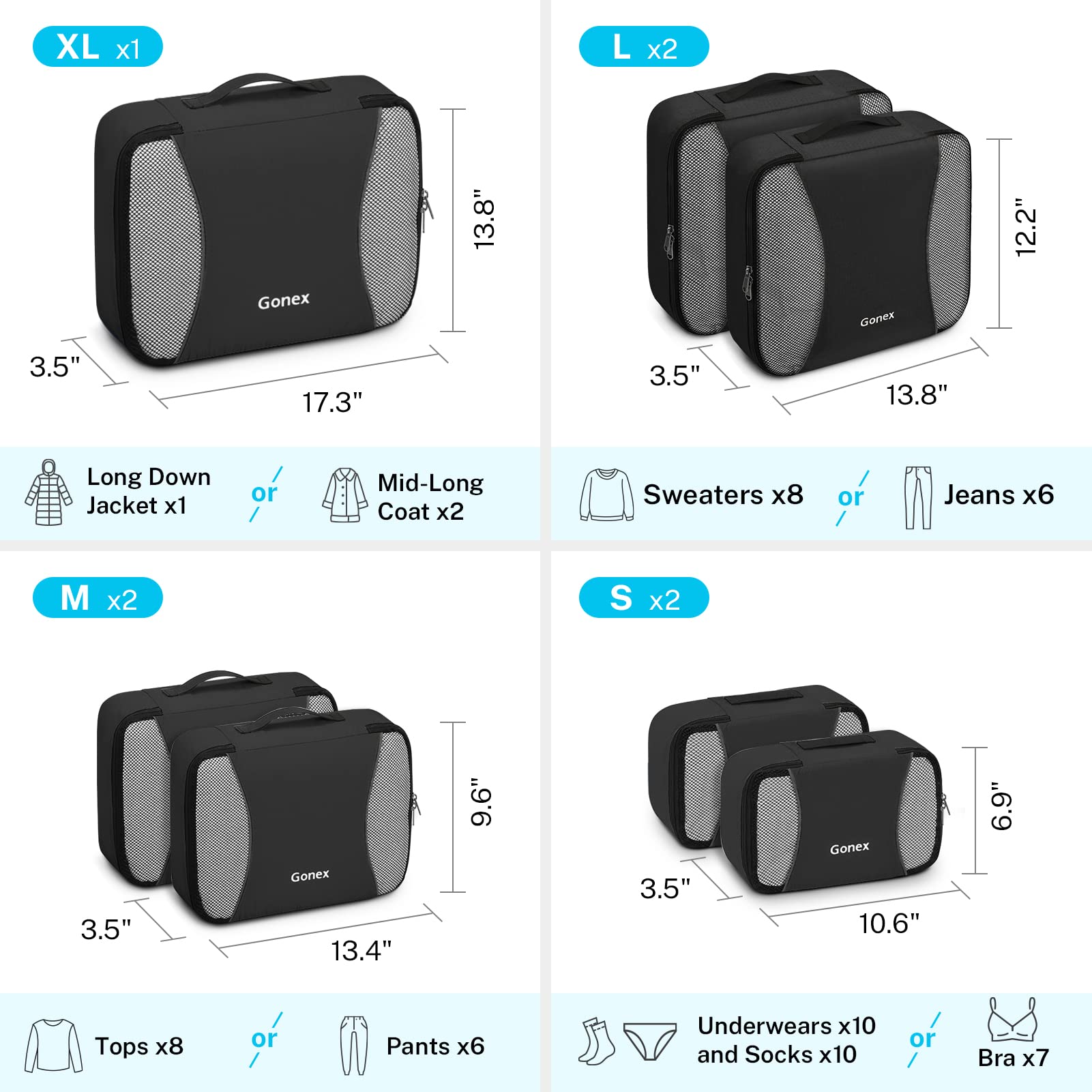 gonex packing cubes size chart