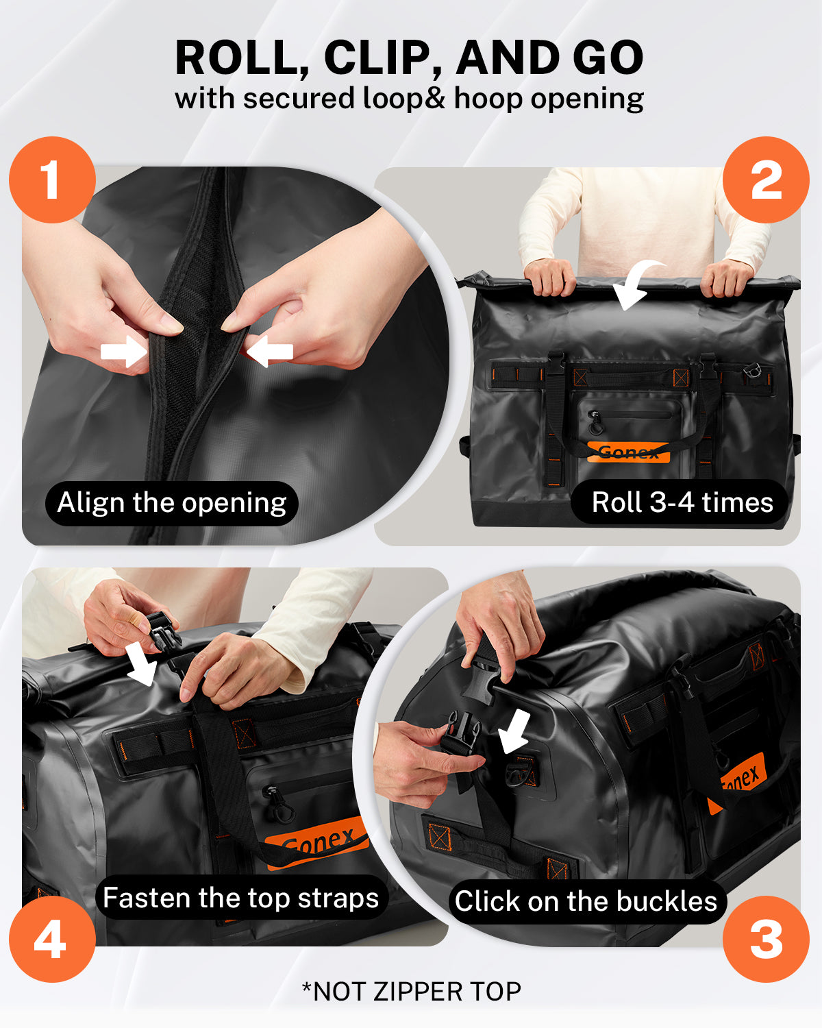Gonex waterproof duffle bag with roll-top closure instructions