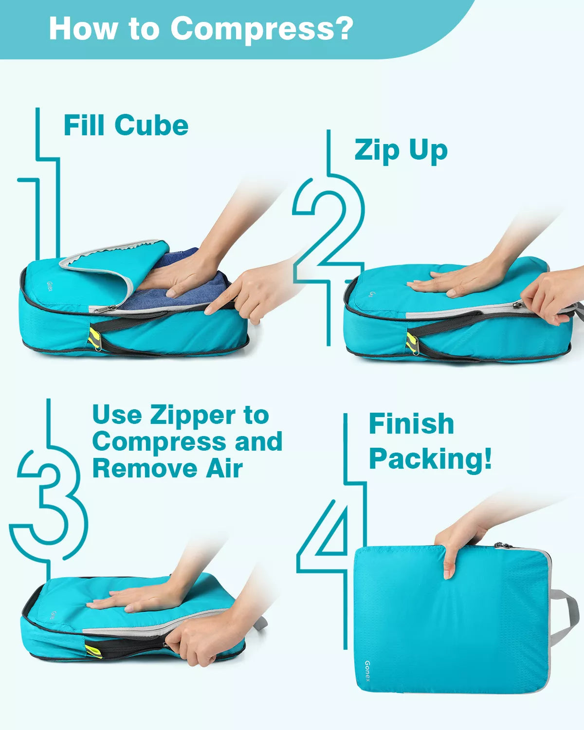 Instructions on how to compress a blue packing cube