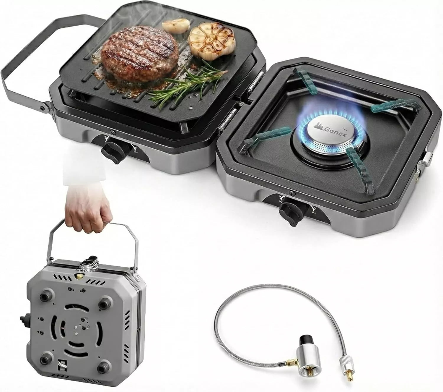 Gonex grey portable gas stove with grill top, hand holding it, and connection hose