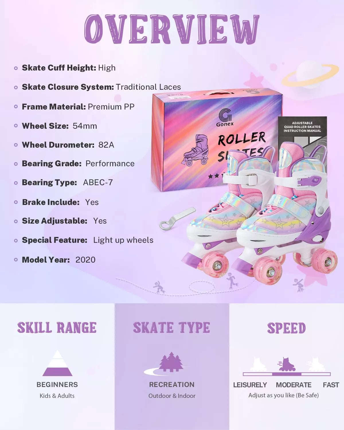 Gonex roller skates with packaging featuring product details.