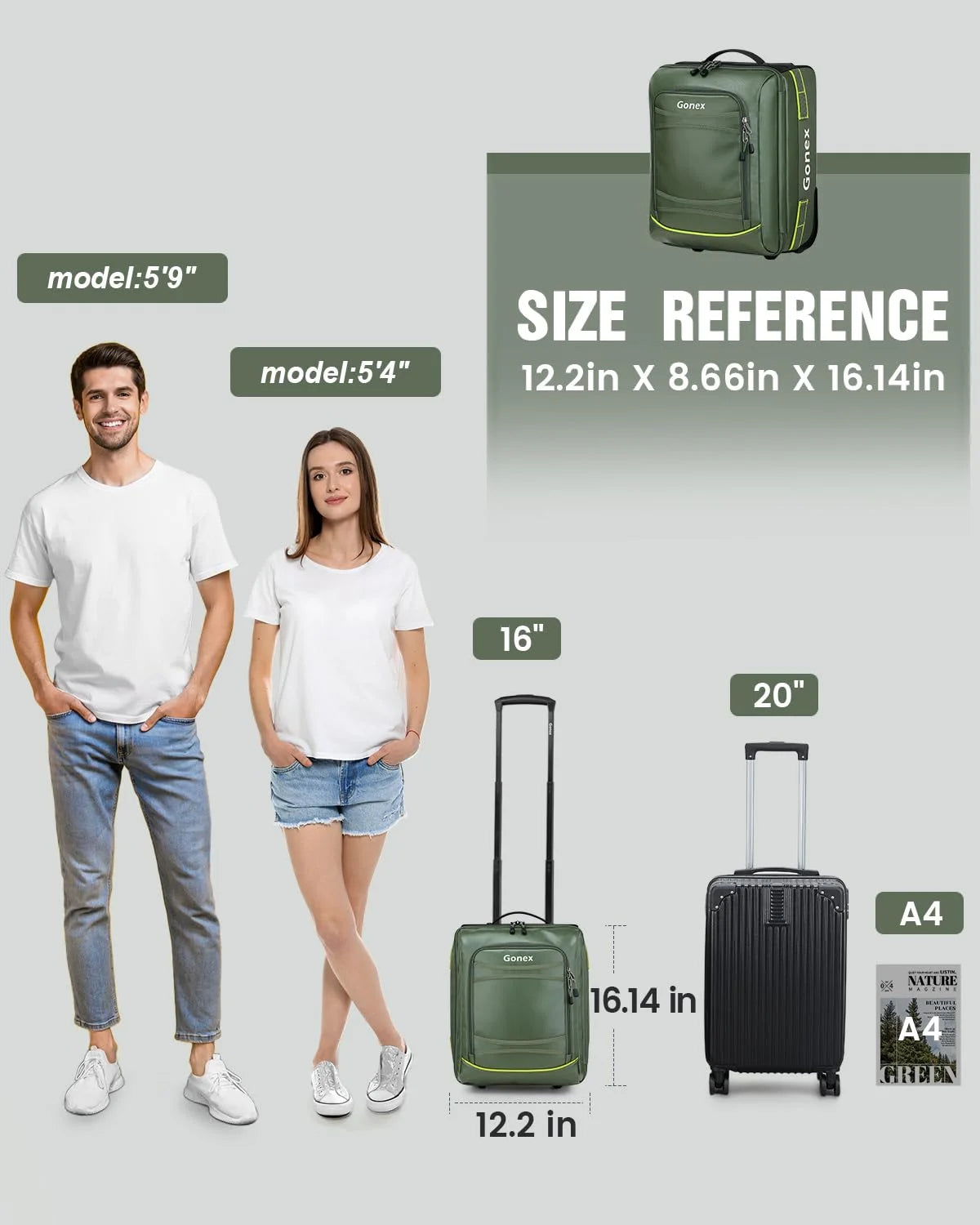 Green suitcase with size reference