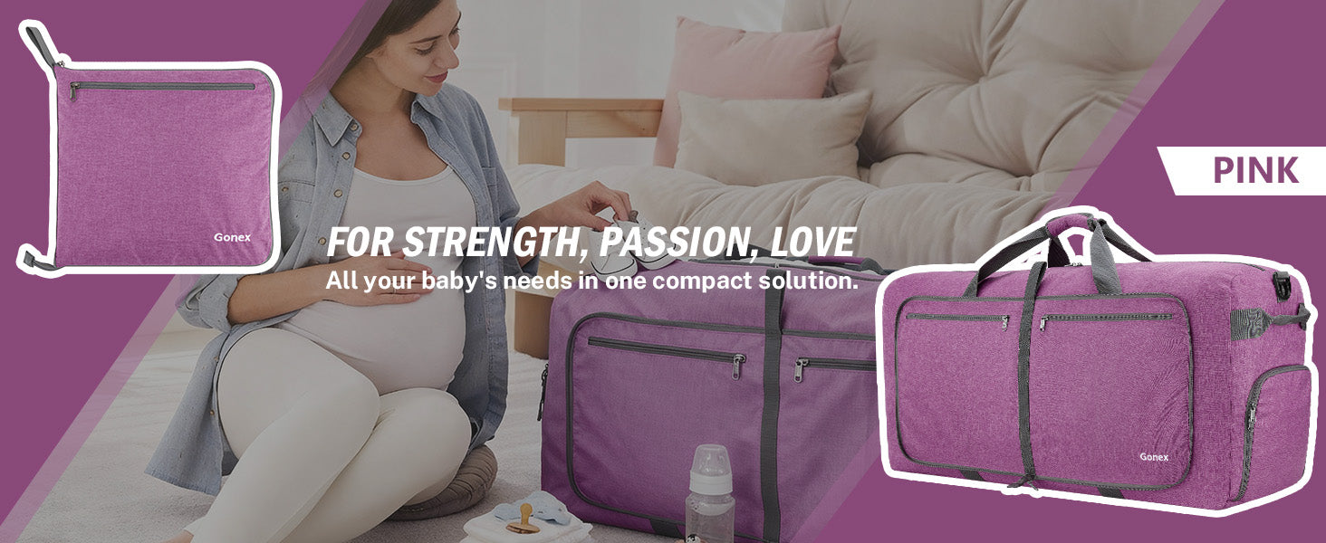 Pink Gonex foldable lightweight duffle bag with multiple pockets for baby essentials