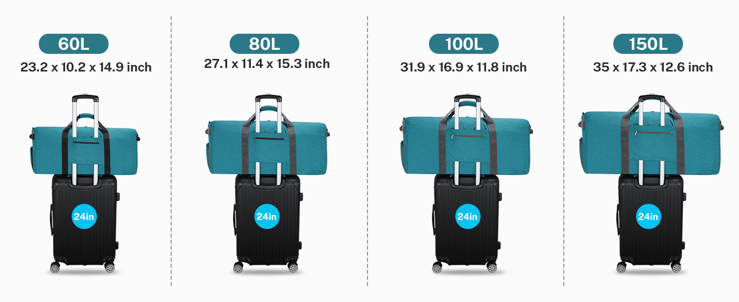 Gonex foldable lightweight duffle bag size guide for 60L, 80L, 100L, and 150L