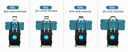 Gonex foldable lightweight duffle bag size guide for 60L, 80L, 100L, and 150L