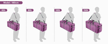 Pink Gonex foldable lightweight duffle bag size comparison for 60L, 80L, 100L, and 150L with 180 cm model