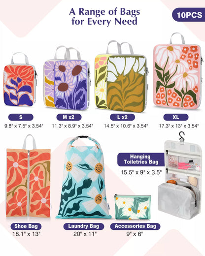10 pcs floral packing cubes package content