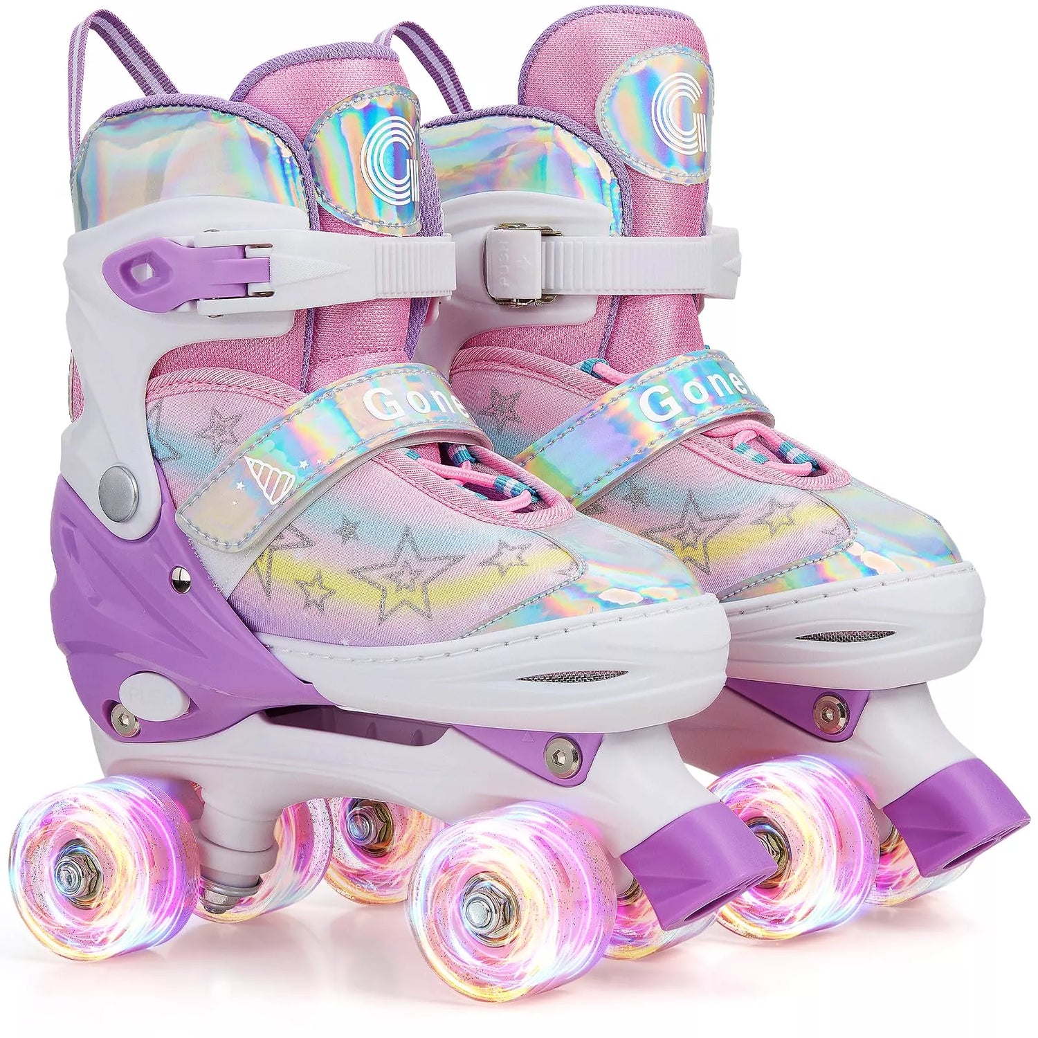 Pink and purple roller skates with colorful lights